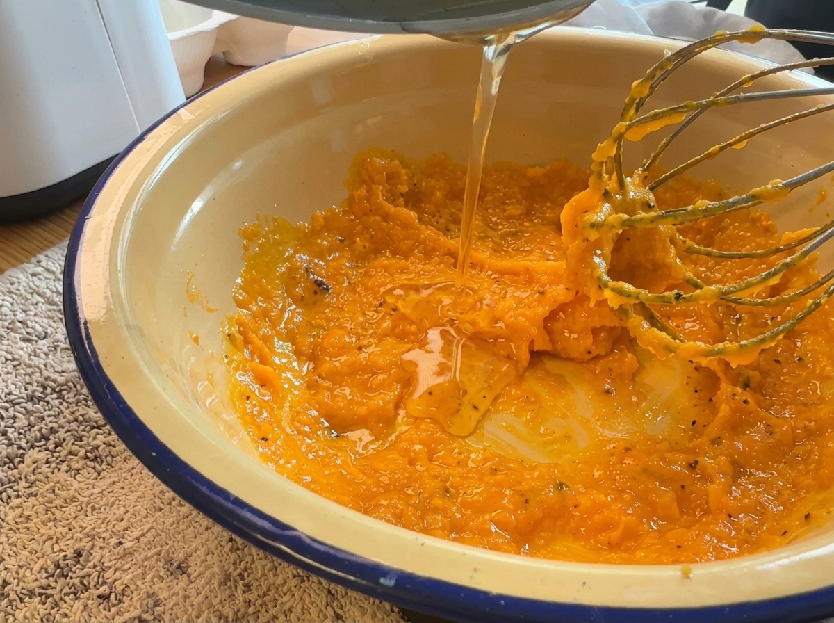 Gras de cuisson translucide versé sur la crème dœufs tout en fouettant.