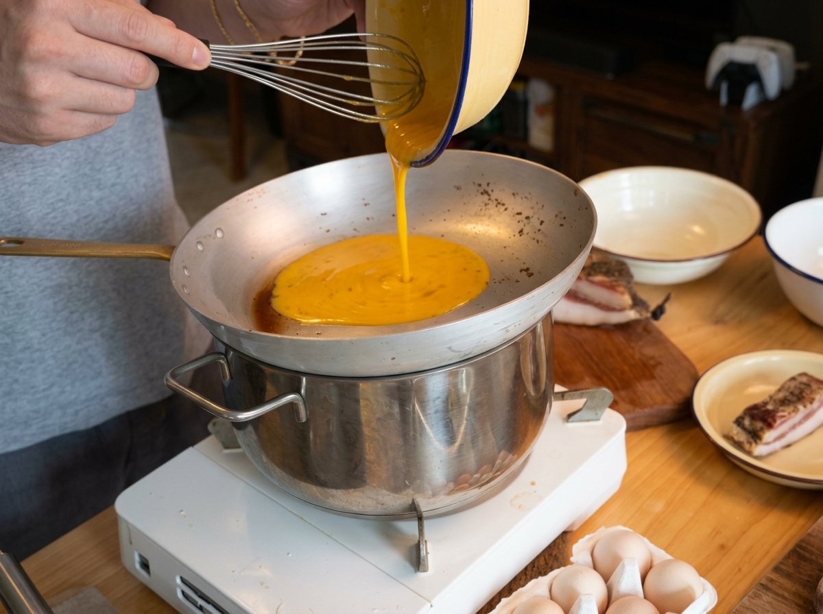 Versement de la sauce dorée dans une poêle posée sur une casserole deau fumante.