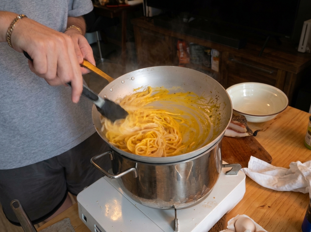 Mélange vigoureux des spaghetti dans la sauce crémeuse au bain-marie.