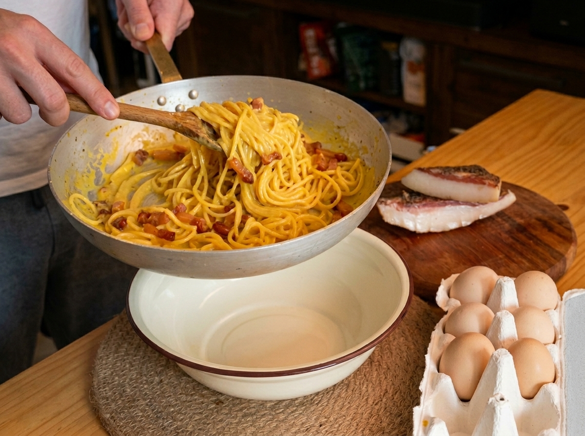 Transfert des spaghetti crémeux et du guanciale croustillant dans un bol de service blanc.
