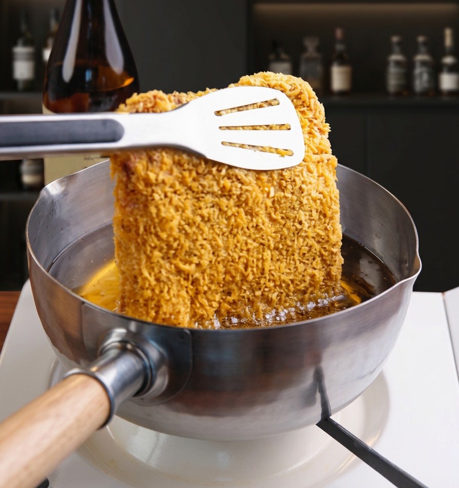 Une côtelette de porc panée délicatement plongée dans une casserole dhuile de friture chaude et bouillonnante à laide dune spatule et de pinces.