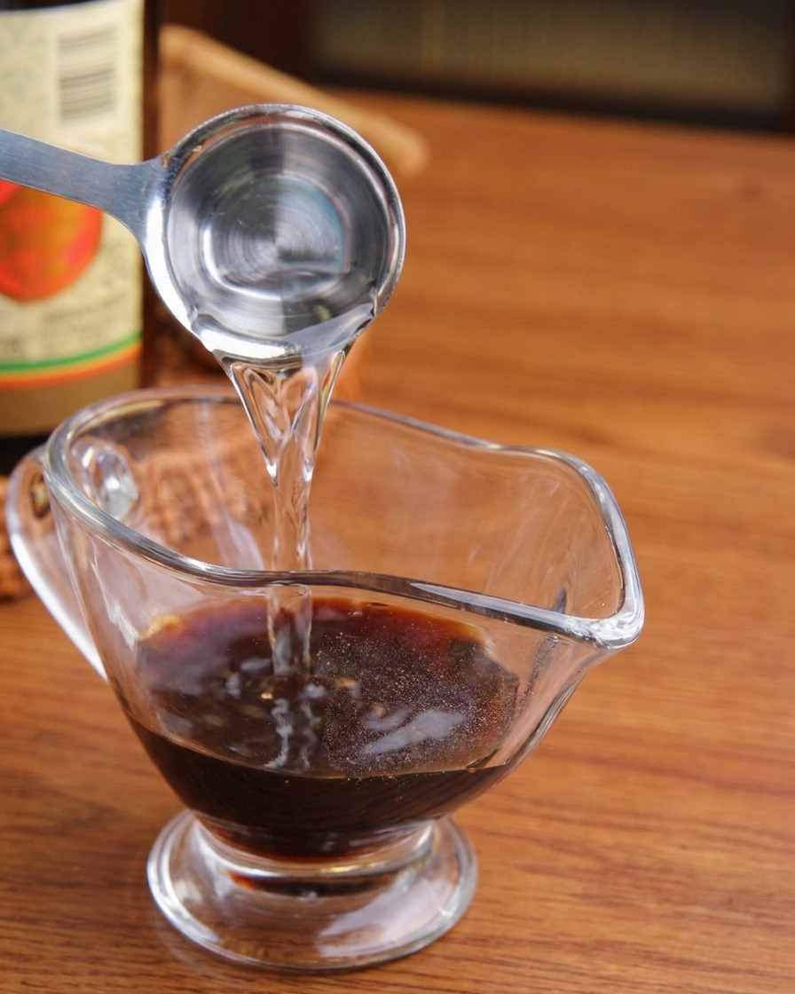 Un liquide transparent versé depuis une cuillère doseuse en acier inoxydable dans un pichet contenant de la sauce soja foncée.