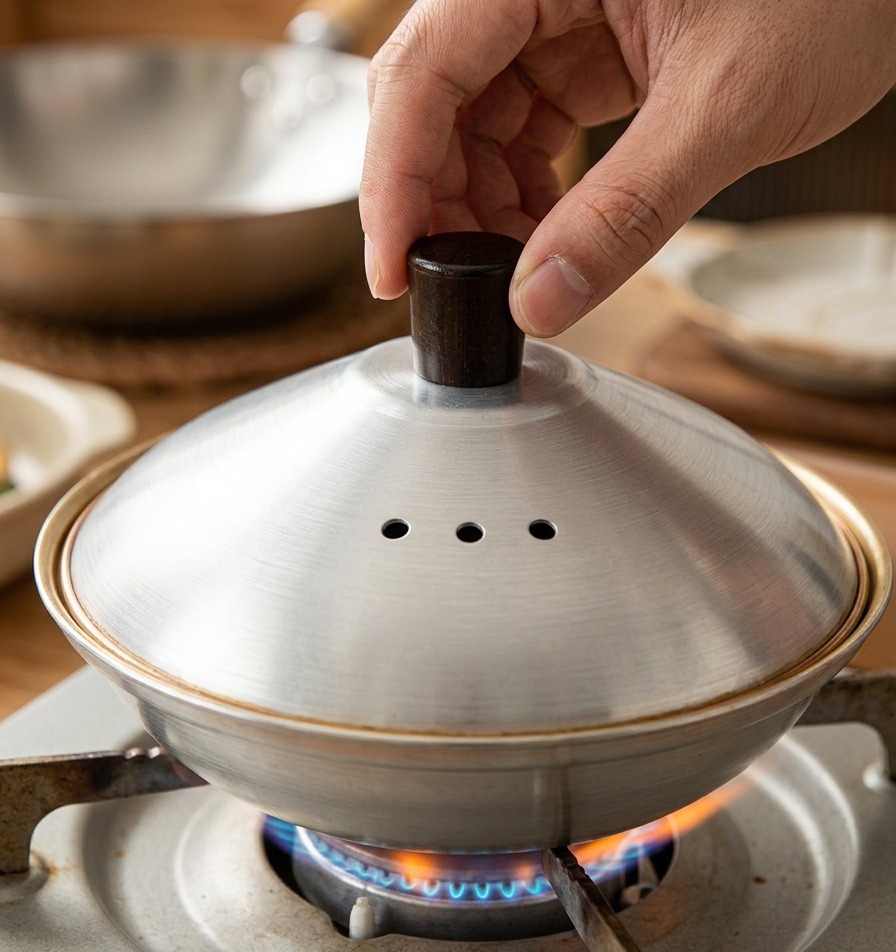 Une personne posant un couvercle métallique rond sur une petite poêle de cuisson spécifique posée sur un brûleur de cuisinière à gaz allumé.
