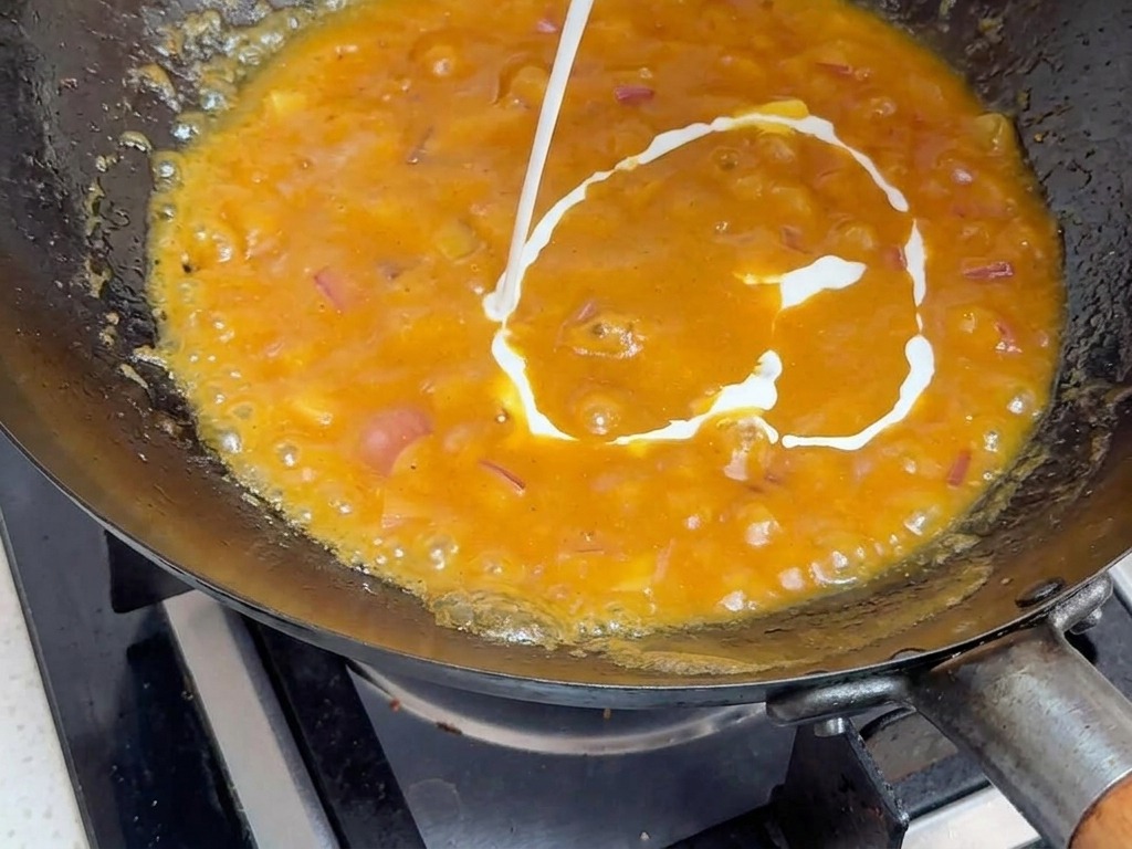 Du lait de coco blanc versé depuis une brique dans une sauce au curry orange, épaisse et frémissante, dans un wok noir.