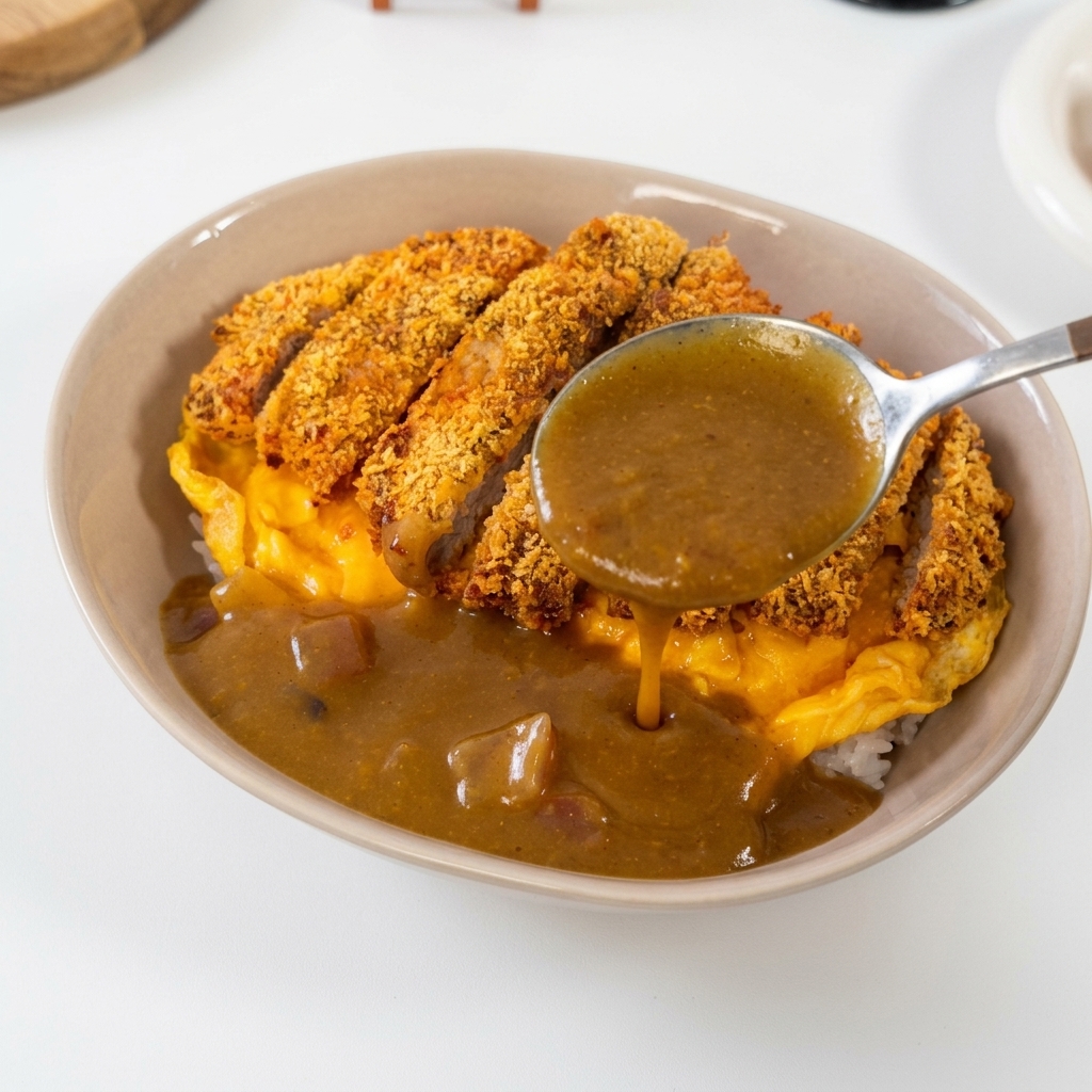 Une cuillère argentée versant une sauce au curry épaisse et brune dans un bol contenant du riz, une omelette et du porc pané.