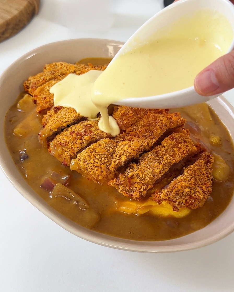 Une sauce blanche crémeuse versée en filet depuis un petit bol blanc sur des tranches de porc pané recouvertes de curry.