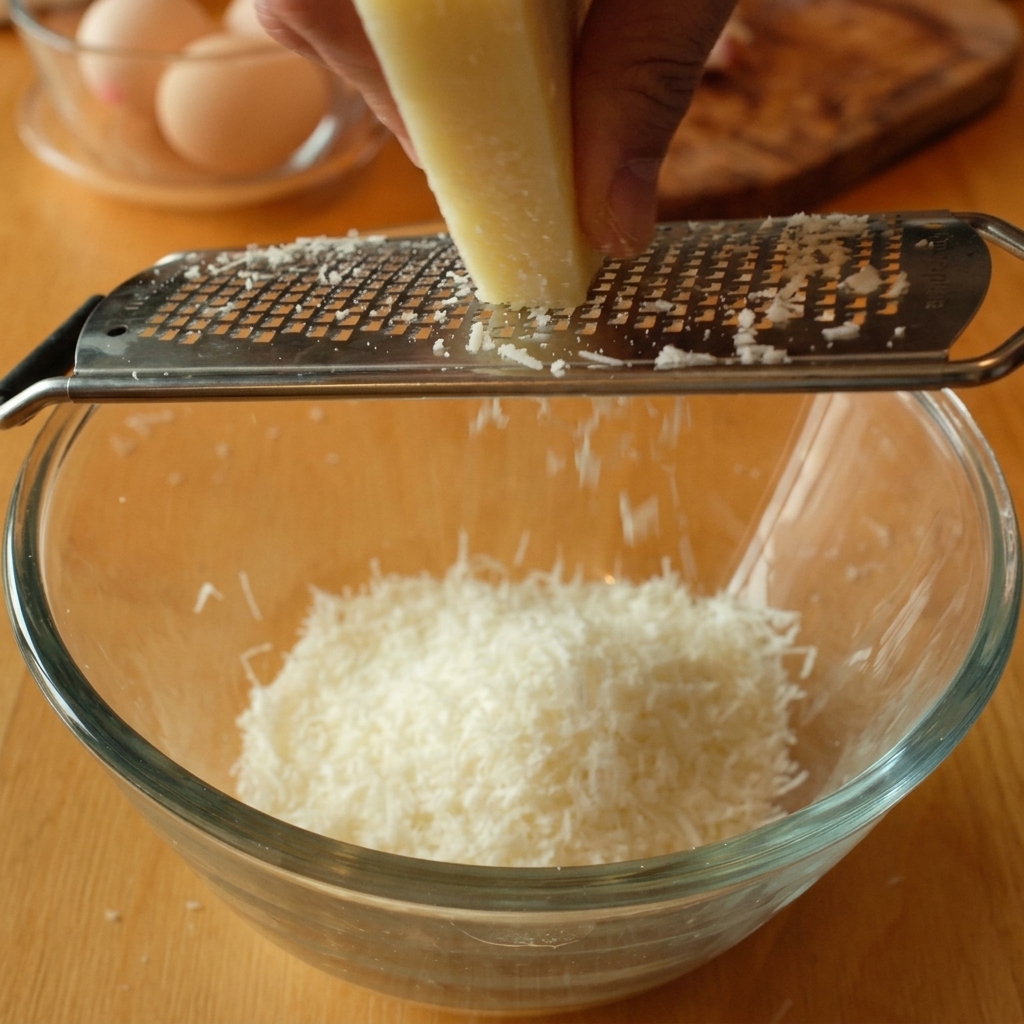 Une main râpant du Pecorino Romano au-dessus dun bol contenant des jaunes dœufs et du poivre.
