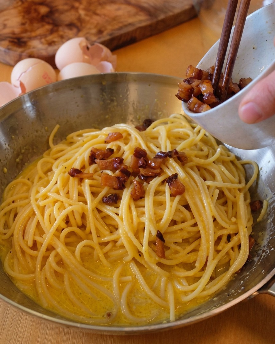 Ajout des morceaux de guanciale frit croustillant dans la poêle de pâtes à la carbonara.
