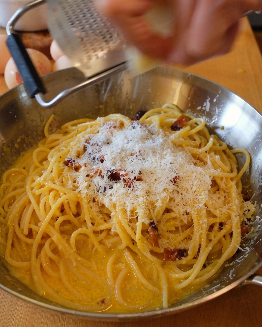 Râper du fromage Pecorino Romano frais au-dessus du plat de pâtes terminé.