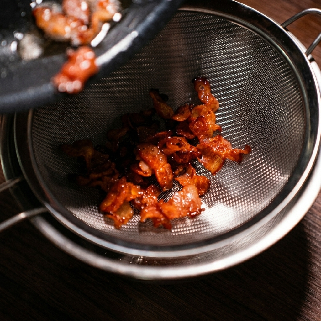 Versement de lardons croustillants et de leur gras de cuisson à travers une passoire métallique fine vers un bol.
