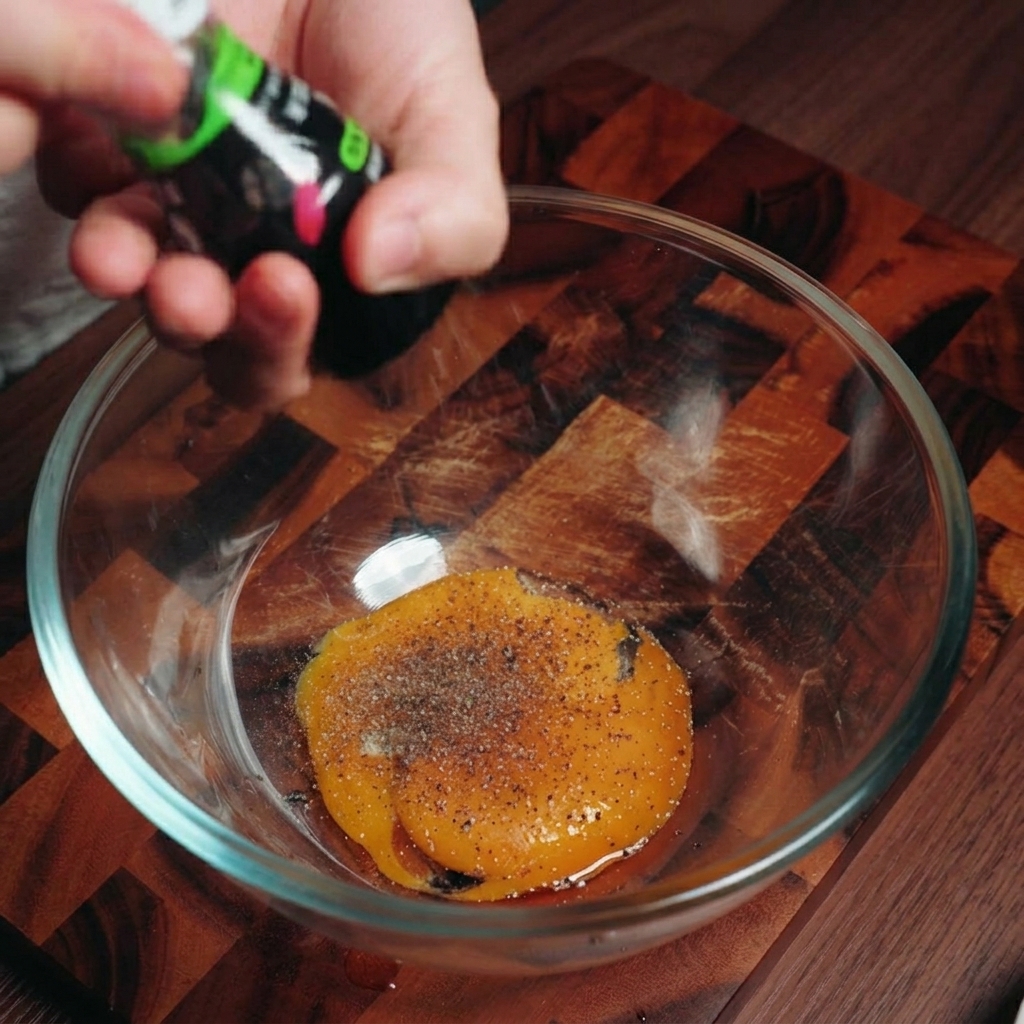 Mains moulant du poivre noir frais dans un bol en verre contenant des jaunes dœufs orange vif.