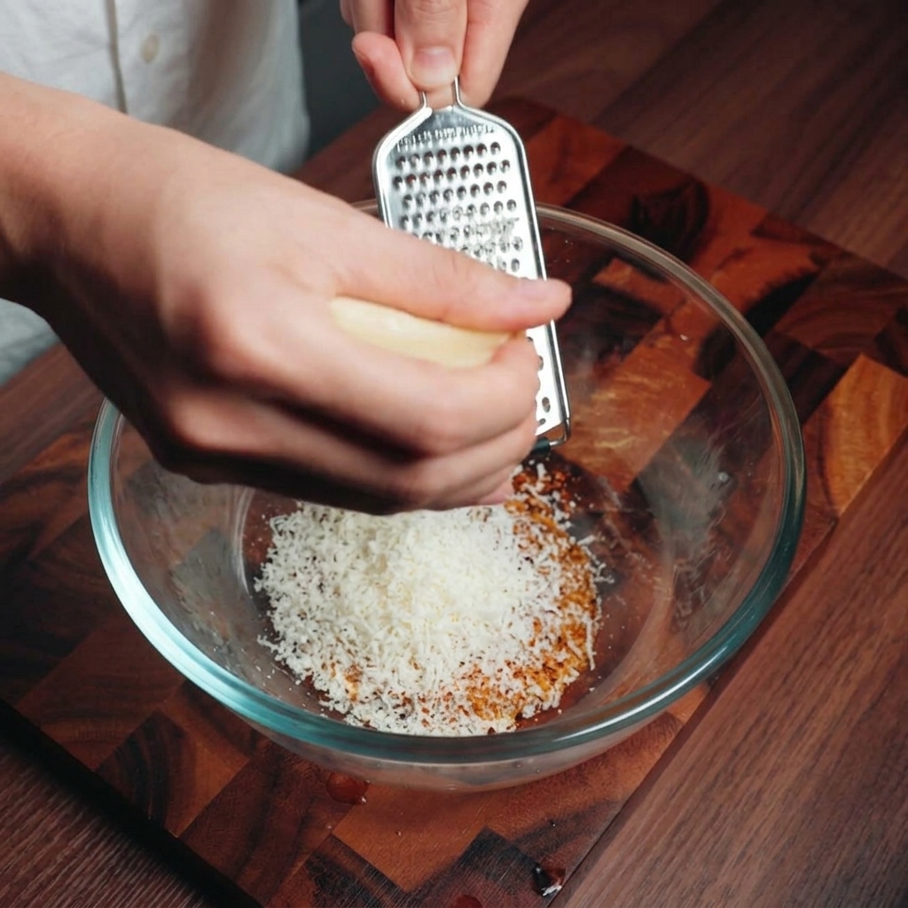 Une main râpant un bloc de parmesan avec une microplane dans un bol contenant les jaunes dœufs et le poivre.