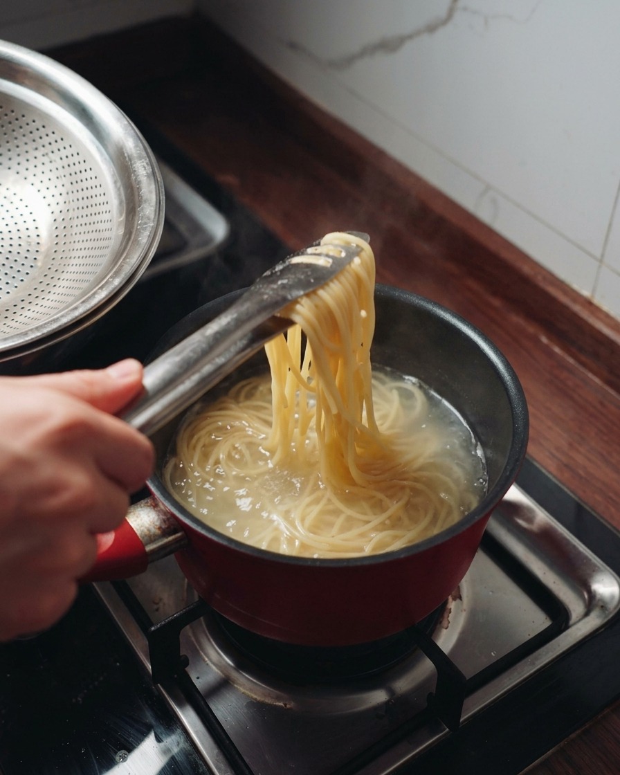Une main utilisant des pinces métalliques pour soulever des spaghetti fumants dune casserole deau bouillante.