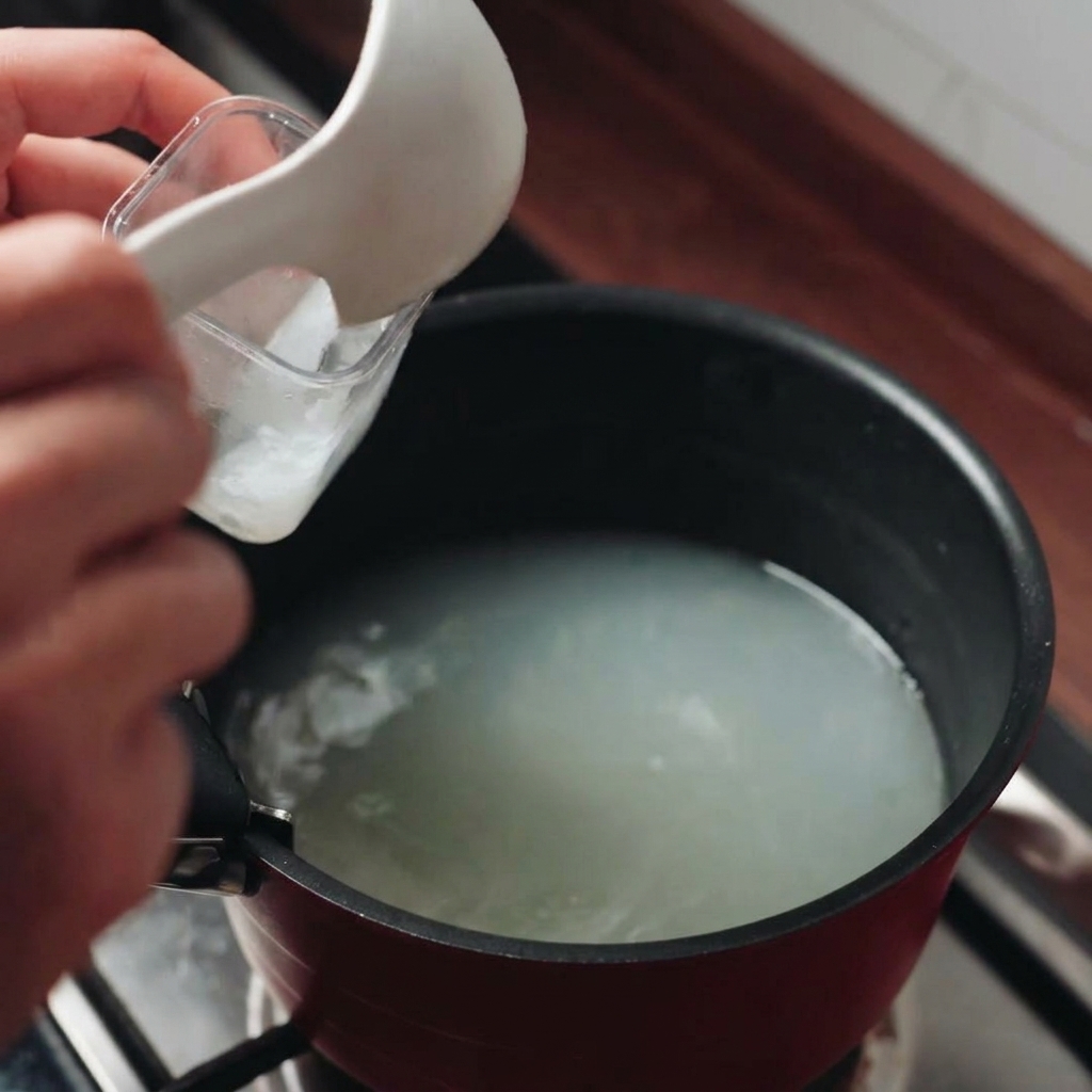 Une main utilisant un petit verre doseur pour récupérer de leau de cuisson trouble et amidonnée.