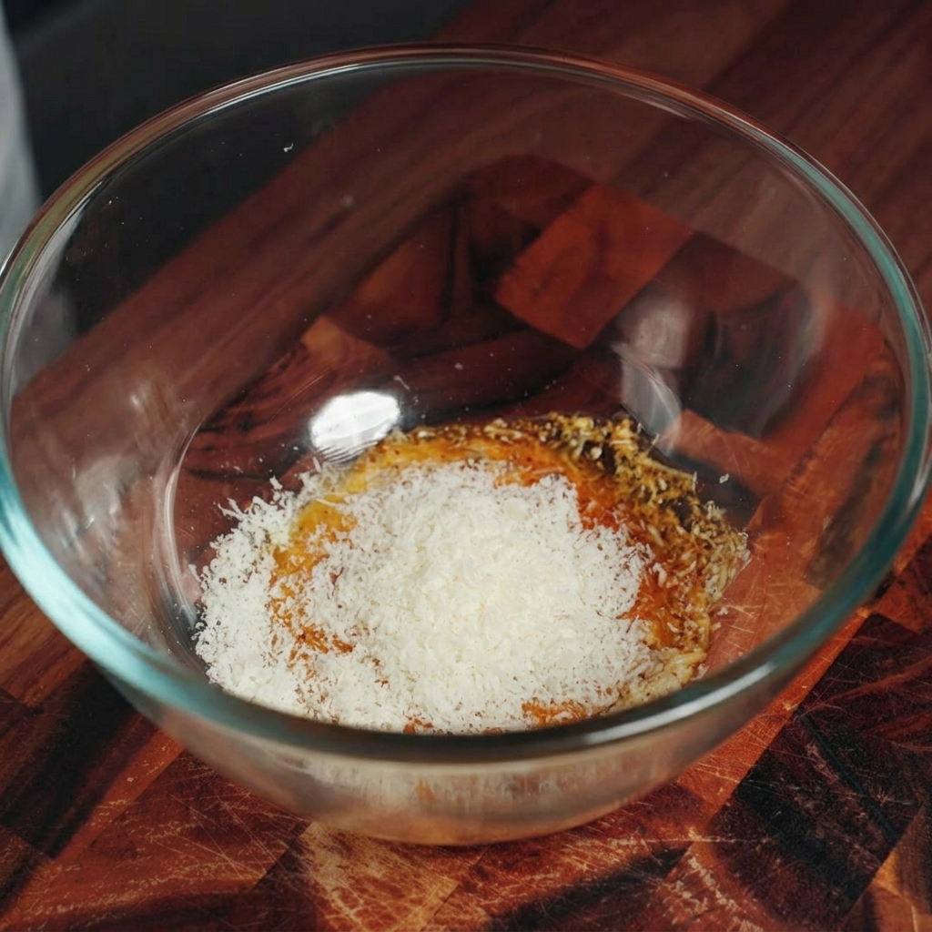 Un bol mélangeur contenant des jaunes dœufs, du poivre, du parmesan râpé et le gras du lard fondu.