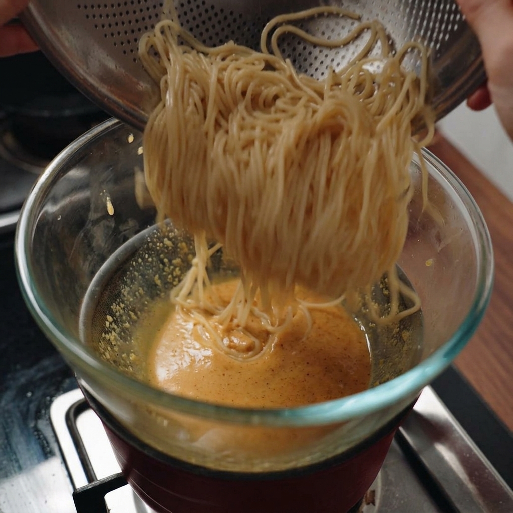 Transfert de spaghetti chauds vers un bol de sauce aux œufs crémeuse posé sur une casserole de vapeur.