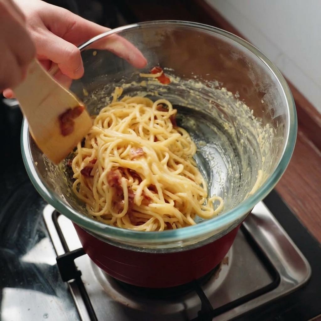 Mélange de spaghetti et de lardons croustillants dans une sauce crémeuse au bain-marie avec une spatule en bois.