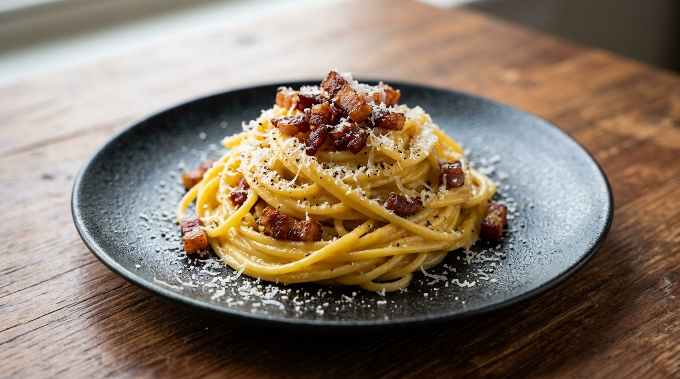 Des spaghetti à la carbonara classiques garnis de lardons croustillants, de poivre noir fraîchement moulu et de parmesan râpé.