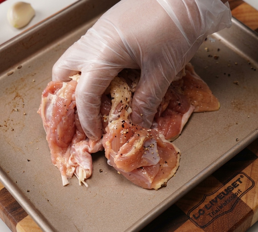 Une main avec un gant en plastique transparent qui mélange et enrobe des hauts de cuisse de poulet crus avec des assaisonnements sur une plaque en métal.