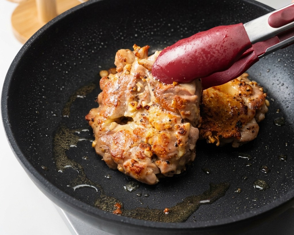 Hauts de cuisse de poulet retournés avec des pinces à embouts rouges dans une poêle, révélant une peau bien dorée et croustillante.