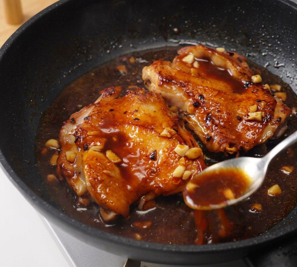 Deux hauts de cuisse de poulet bien dorés mijotant dans une sauce sombre et brillante tout en étant arrosés à laide dune cuillère.