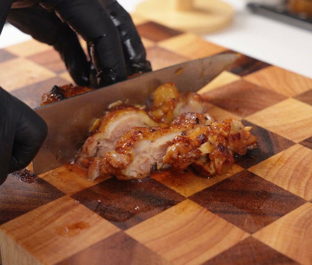 Une personne portant des gants noirs qui découpe à laide dun grand couteau un haut de cuisse de poulet cuit et laqué sur une planche en bois quadrillée.