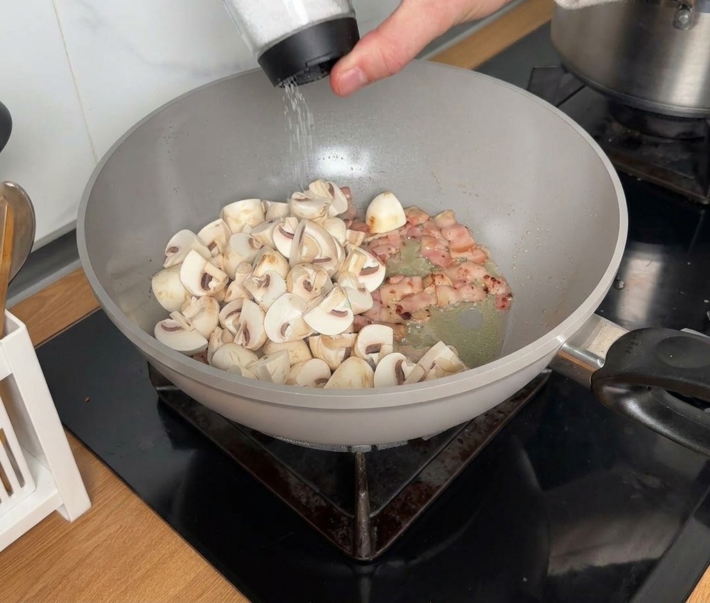 Une main assaisonnant des champignons et du bacon sautés dans un wok gris.