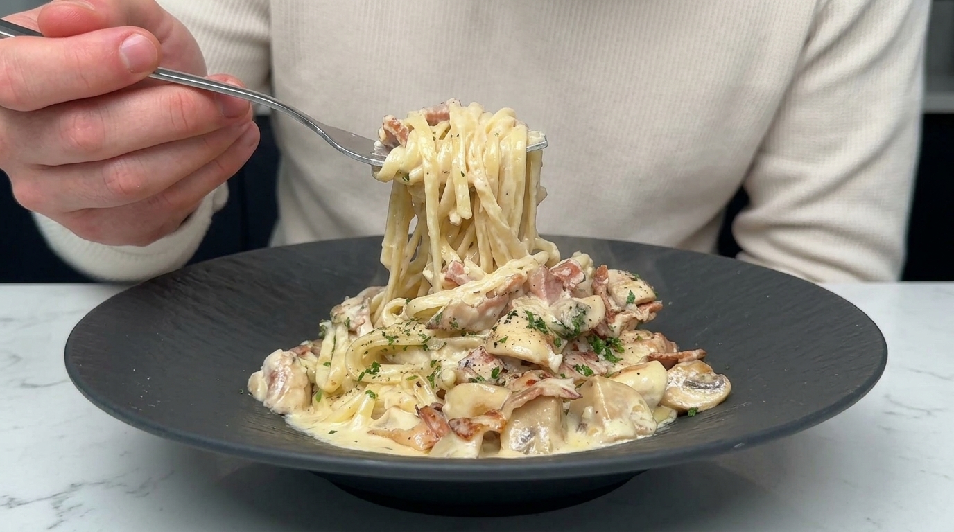 Linguine Crémeuses au Bacon et aux Champignons