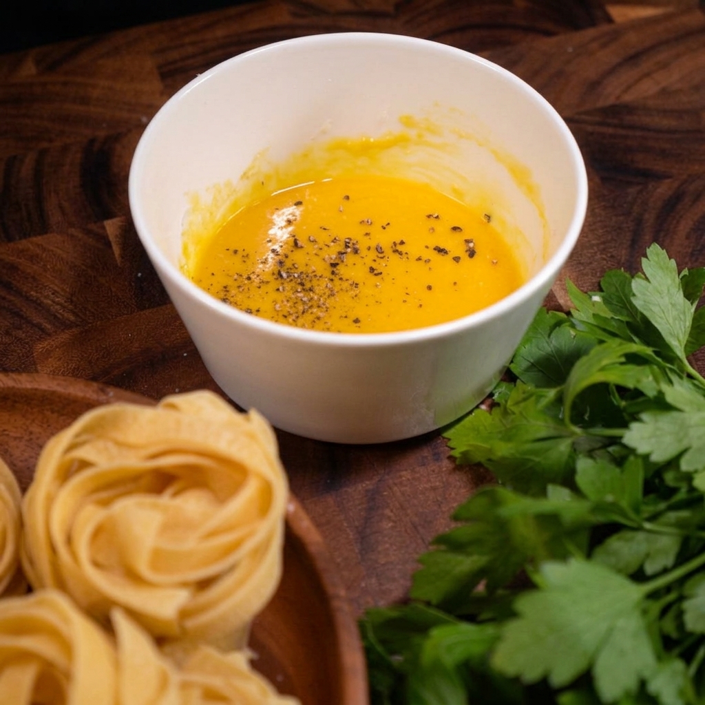 Un bol contenant un mélange lisse et jaune dœufs et de fromage, parsemé de gros grains de poivre noir fraîchement moulu.