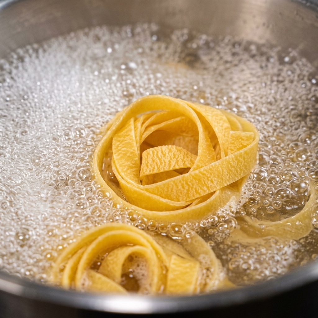 Un nid de tagliatelles sèches bouillonnant vigoureusement dans une marmite deau bouillante.
