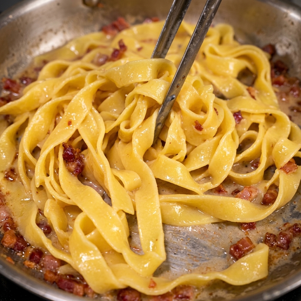 Des pinces en métal mélangeant les tagliatelles cuites avec des lardons croustillants et une sauce riche dans une poêle.