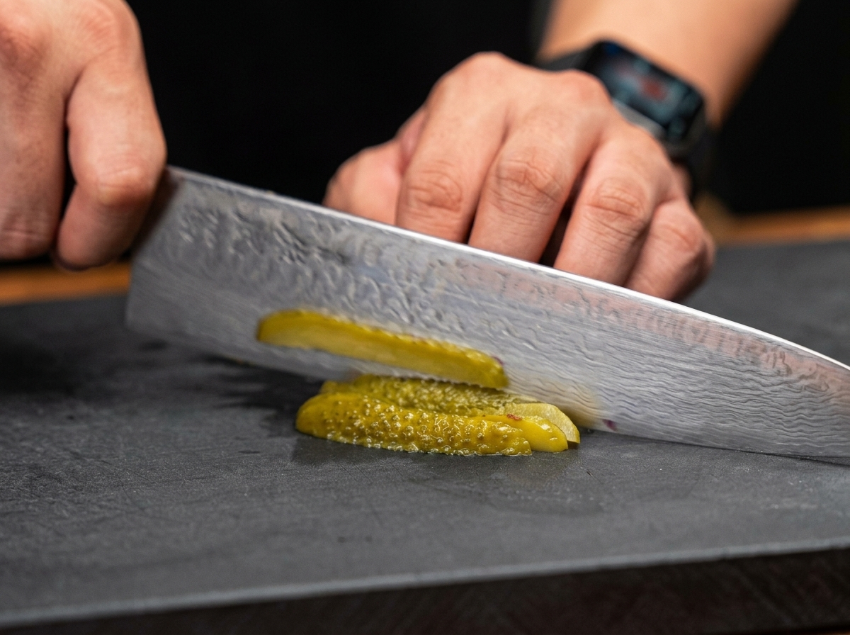 Gros plan dun couteau de chef coupant finement des cornichons sur une planche à découper sombre.