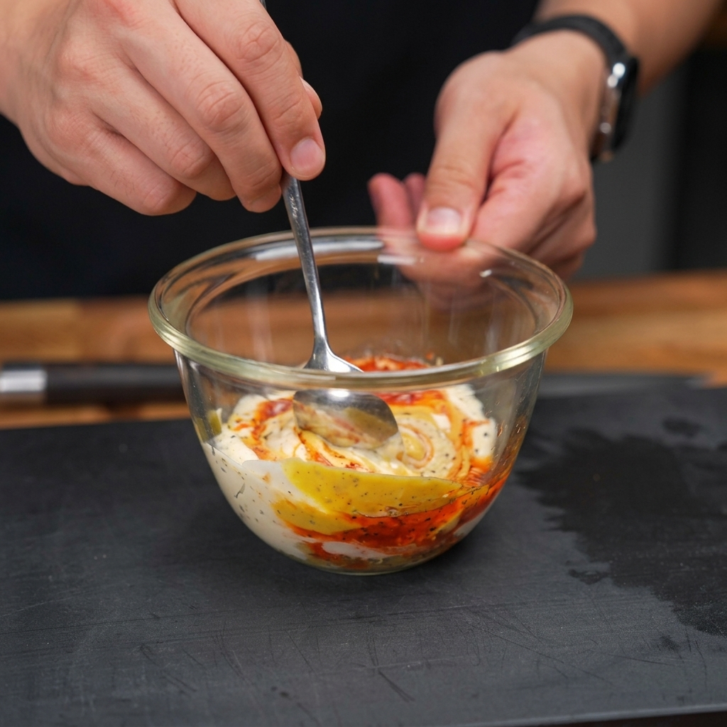 Main utilisant une cuillère pour mélanger la mayonnaise, le ketchup, la moutarde et les dés de cornichons dans un bol en verre.