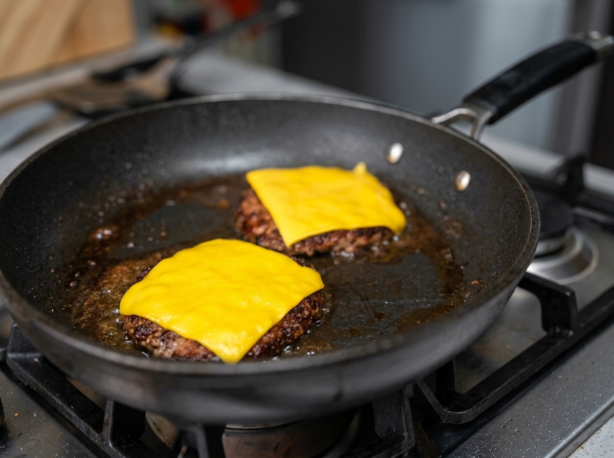 Deux steaks saisis dans une poêle, chacun surmonté dune tranche carrée de cheddar jaune parfaitement fondue.