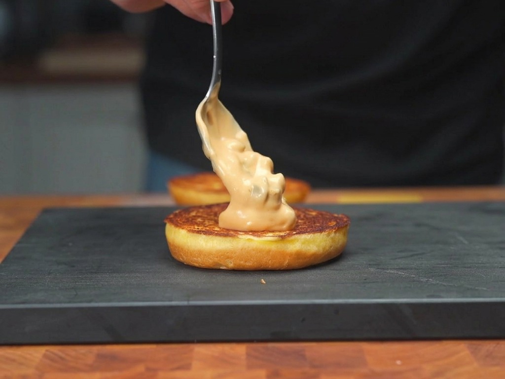 Étaler une sauce crémeuse rosée sur un pain brioché toasté à laide dune cuillère en métal.