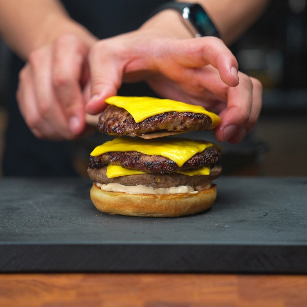 Main utilisant une spatule pour déposer un deuxième steak recouvert de fromage sur une pile posée sur la base dun pain à burger toasté.