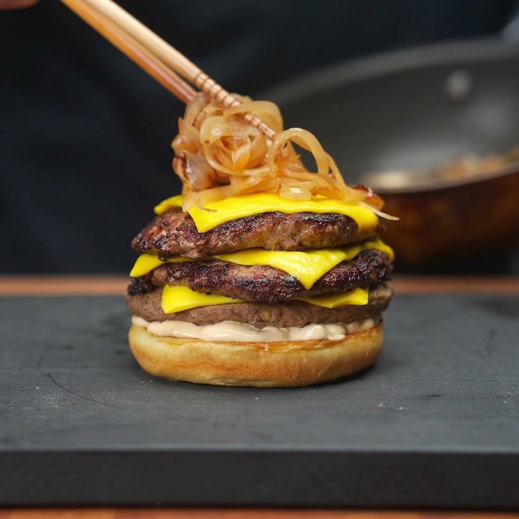 Placer un monticule doignons caramélisés tendres sur un double cheeseburger à laide de baguettes en bois.