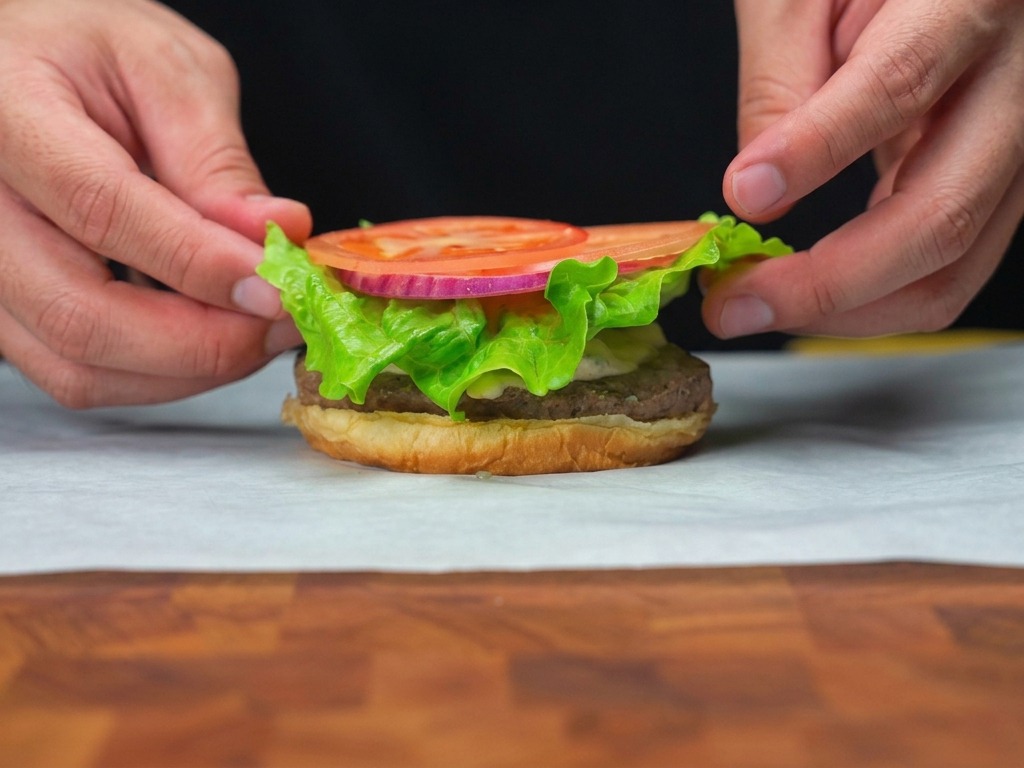 Superposition de laitue verte fraîche et dune tranche de tomate sur un steak haché cuit.