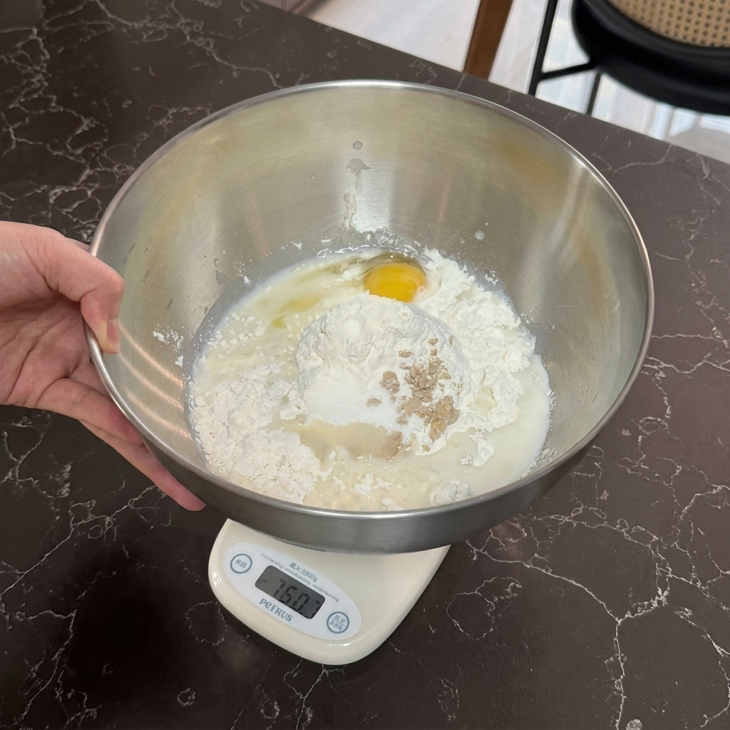 Un bol en inox sur une balance de cuisine rempli de lait, dun œuf et dun monticule de farine garni de levure sèche.