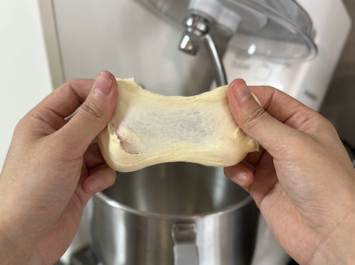 Deux mains étirant délicatement un petit morceau de pâte pour révéler un voile fin et translucide.