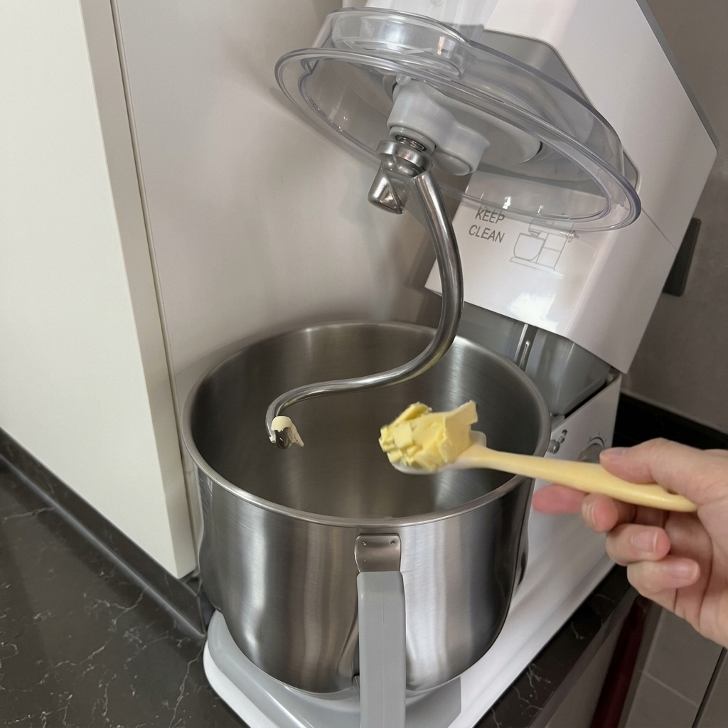 Une main utilisant une spatule pour ajouter un cube de beurre dans la cuve dun robot contenant de la pâte à pain.