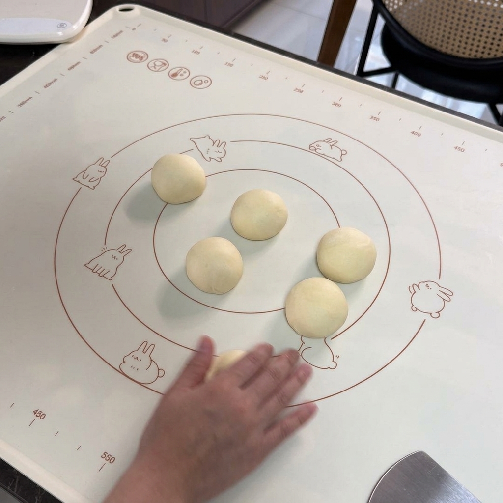 Une main roulant un petit morceau de pâte pour former une sphère parfaite sur un tapis en silicone décoré de lapins.