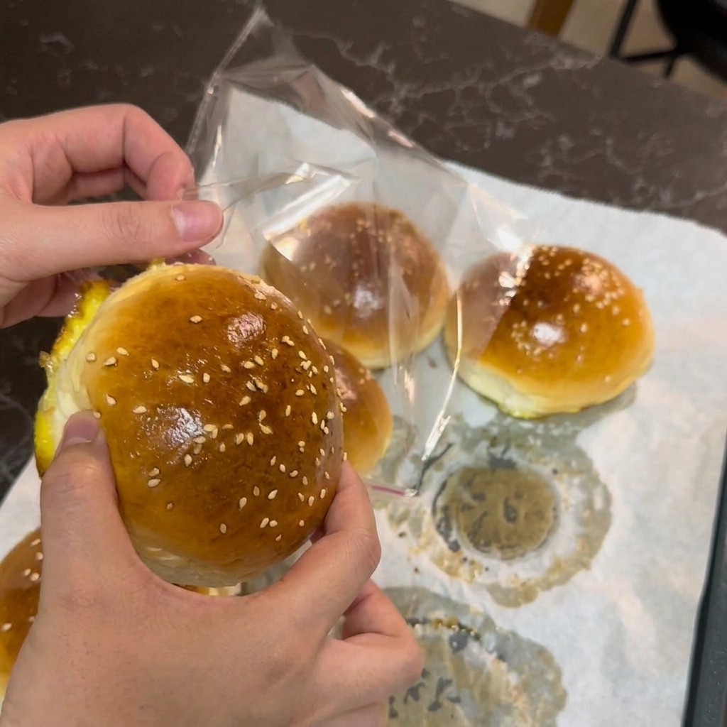 Une personne glissant un pain à burger au sésame cuit dans un sac de conservation en plastique transparent.
