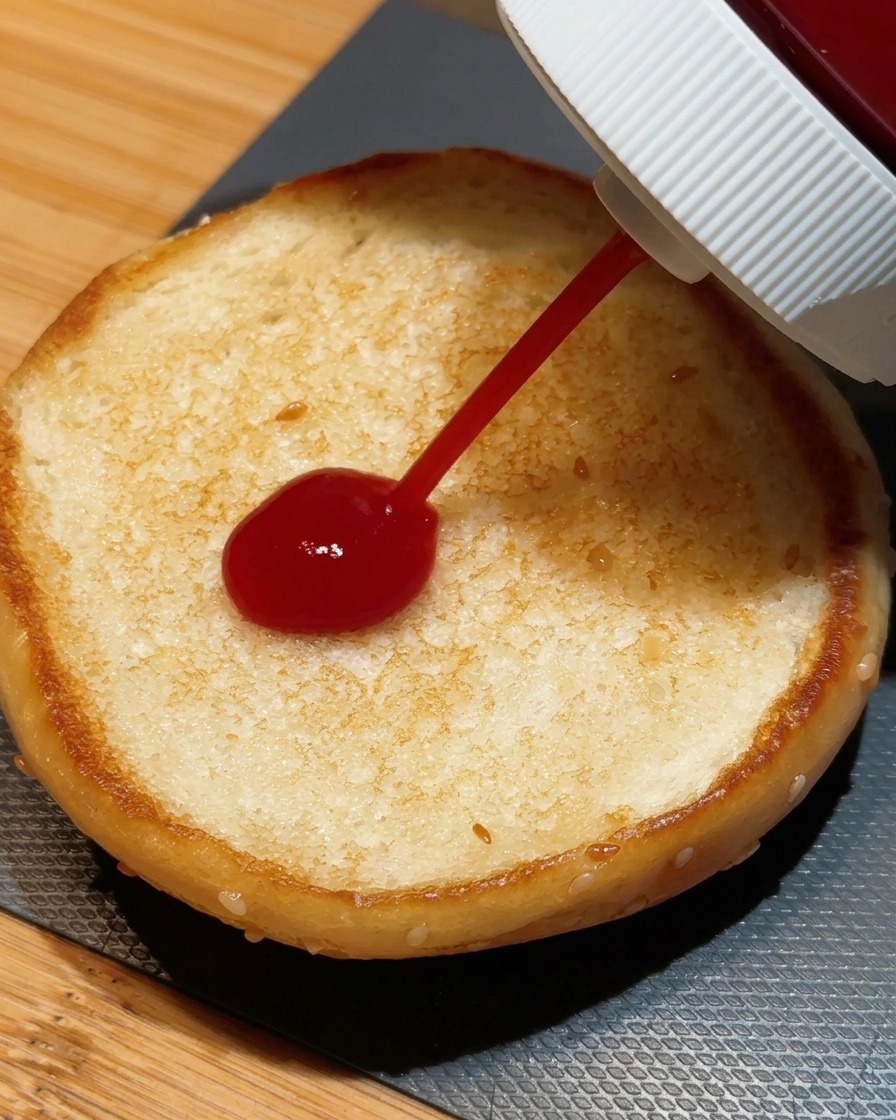 Une bonne dose de ketchup rouge vif versée depuis une bouteille sur la surface toastée dun pain à burger.