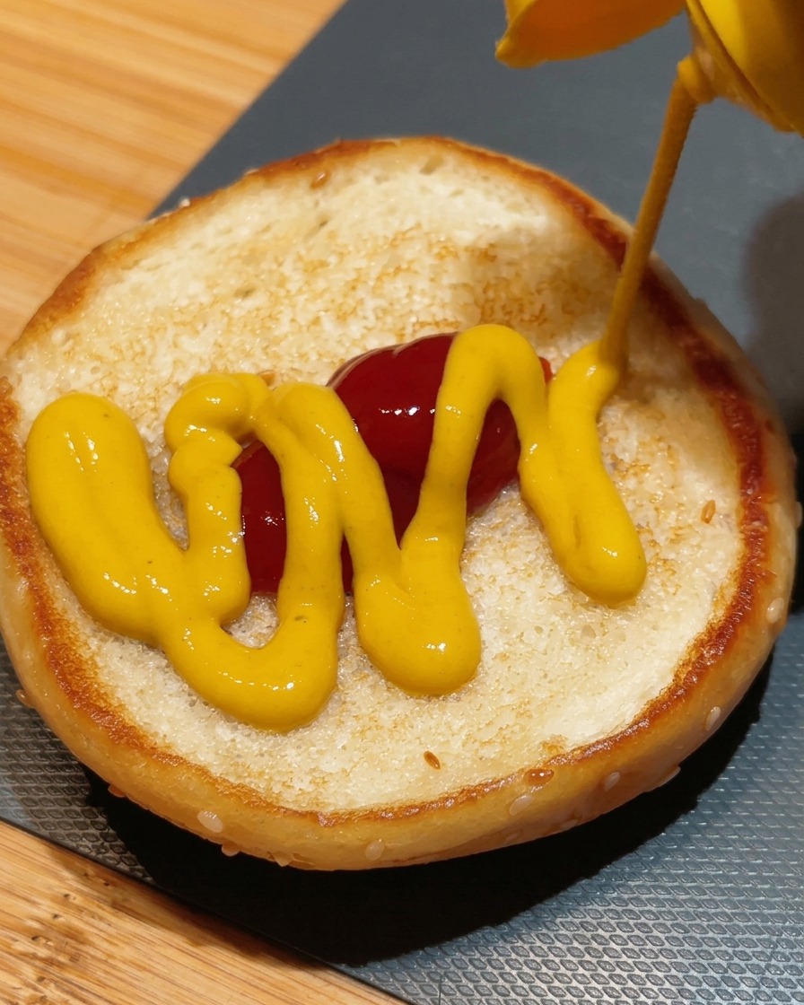 Un filet de moutarde déposé en spirale sur du ketchup, dans un pain à burger toasté.