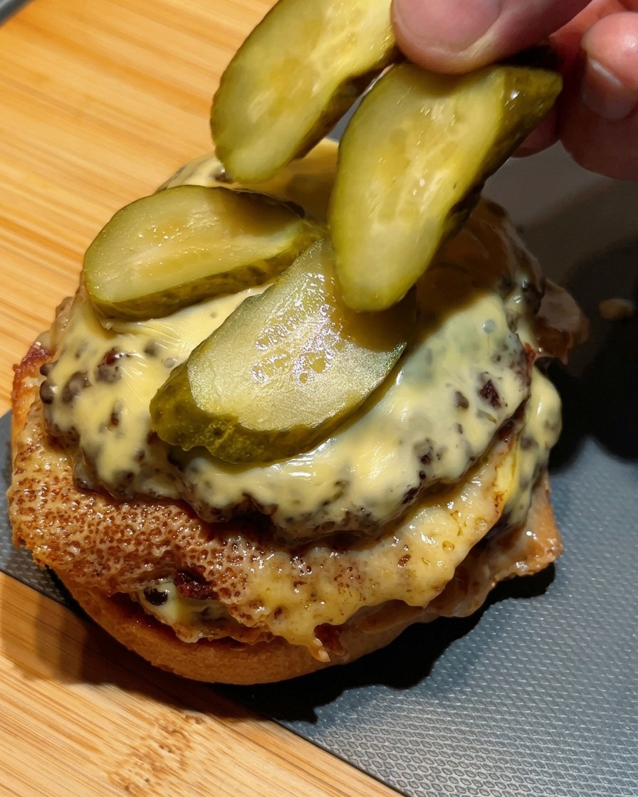 Des doigts disposant des rondelles de pickles sur le sommet dun double cheeseburger.
