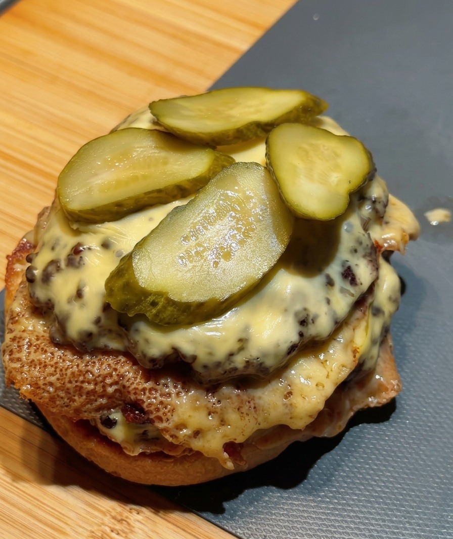 Le chapeau du pain à burger posé sur un double cheeseburger bien garni de pickles.