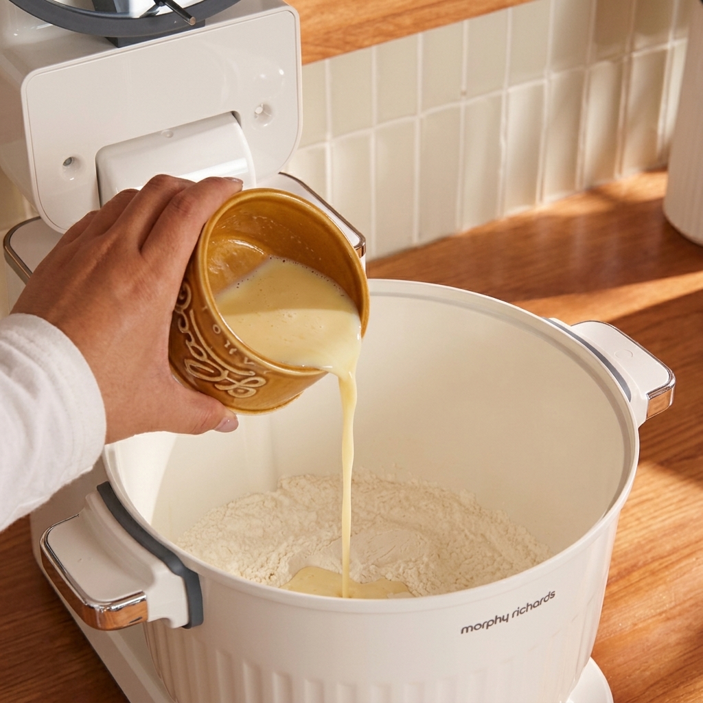 Une main versant du lait dune tasse dans le bol dun batteur sur socle contenant les ingrédients secs.