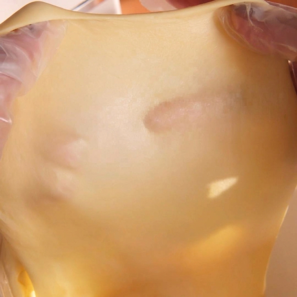 Des mains gantées étirant la pâte en une membrane très fine et presque transparente.
