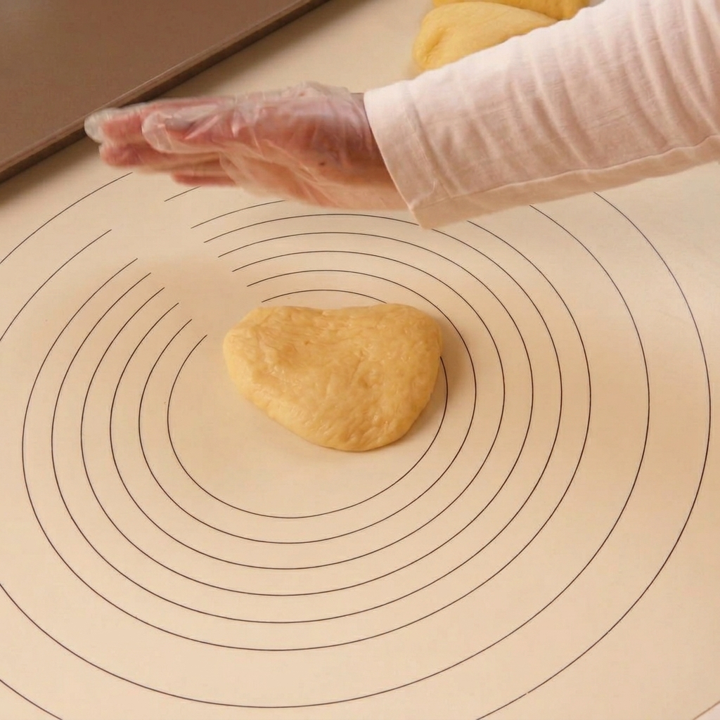 Une main gantée faisant rouler une portion de pâte dans un mouvement circulaire pour former une boule lisse.